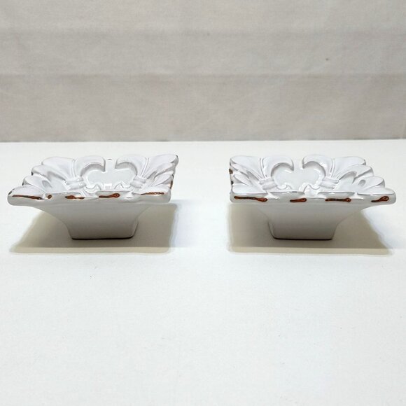 Mud Pie Ceramic Dessert Fleur de Lis Dishes Set Of 2 Square Decorative Bowls - Picture 2 of 6